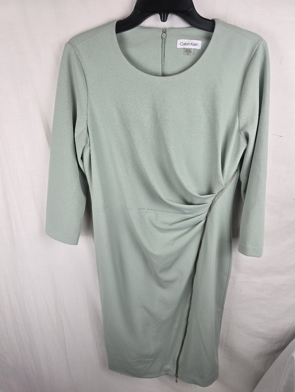 Calvin Klein Sage Green 3/4th Sleeve Twist-Front Sheath Zipper Front Dress Sz 12 - Picture 3 of 11